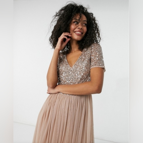 NWT Maya tall bridesmaid dress with sequins, tulle, in taupe blush. Size 10. - Picture 2 of 8